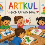 Kids creating colorful drawings in an ARTKUL art school classroom.